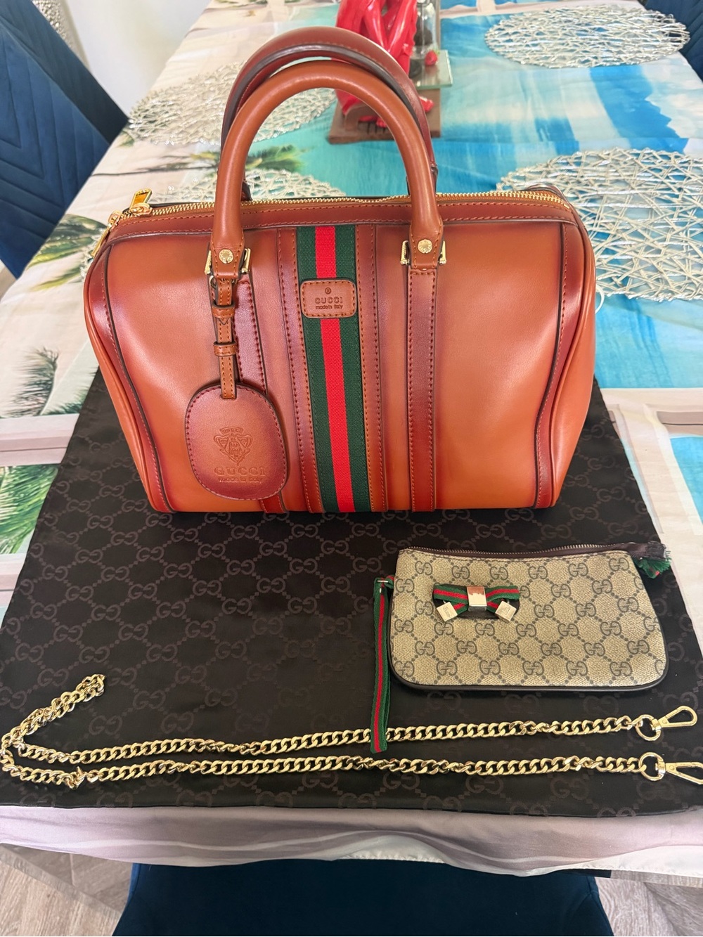 Gucci Cognac Leather medium  Bag with Red and Green Web Stripe limited new !